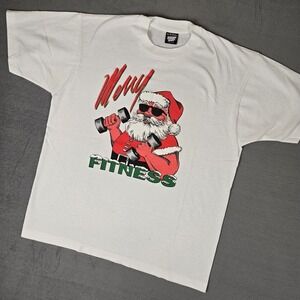 Merry Fitness Christmas Vintage 90s T-Shirt Mens XL Gym Workout Lifting Santa